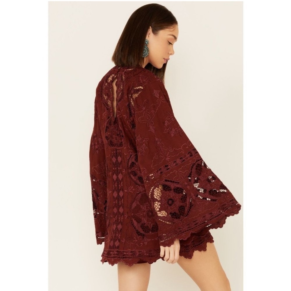 Free People Northern Lights Cutwork Lace Mini Dress Burgundy NWT S